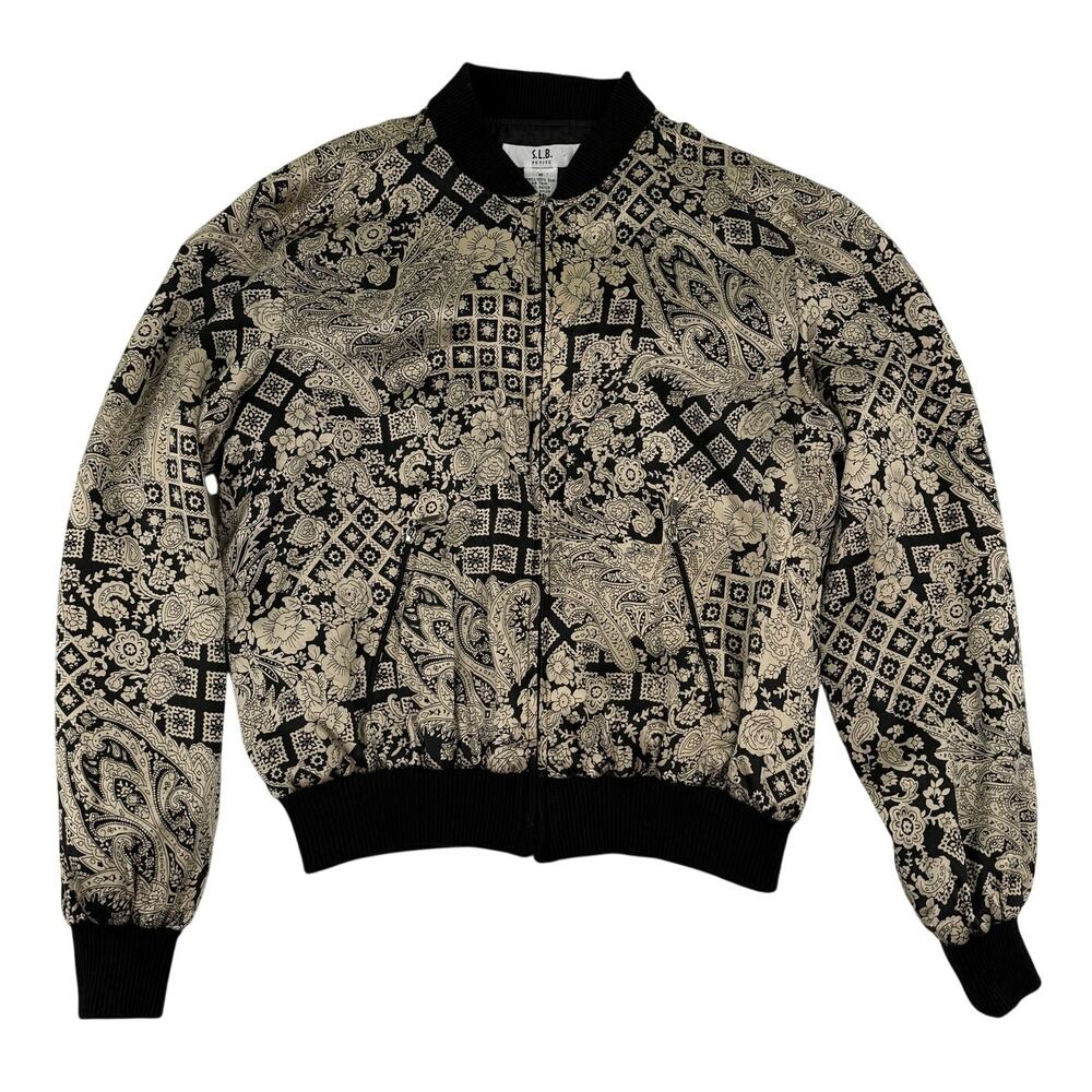 SLB Petite Silk Bomber Jacket Black Beige Patterned Boho Sporty Women’s M